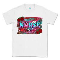 White valentines day nurse with leopard and turquoise ba Classic Tee - RanaPortraitStore