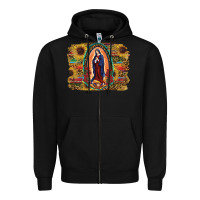 Black Sunflower Lady Of Guadalupe Distressed Background Zipper Hoodie - RanaPortraitStore