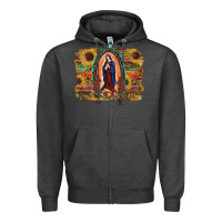 Charcoal Heather Sunflower Lady Of Guadalupe Distressed Background Zipper Hoodie - RanaPortraitStore