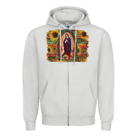 Dove Grey Sunflower Lady Of Guadalupe Distressed Background Zipper Hoodie - RanaPortraitStore