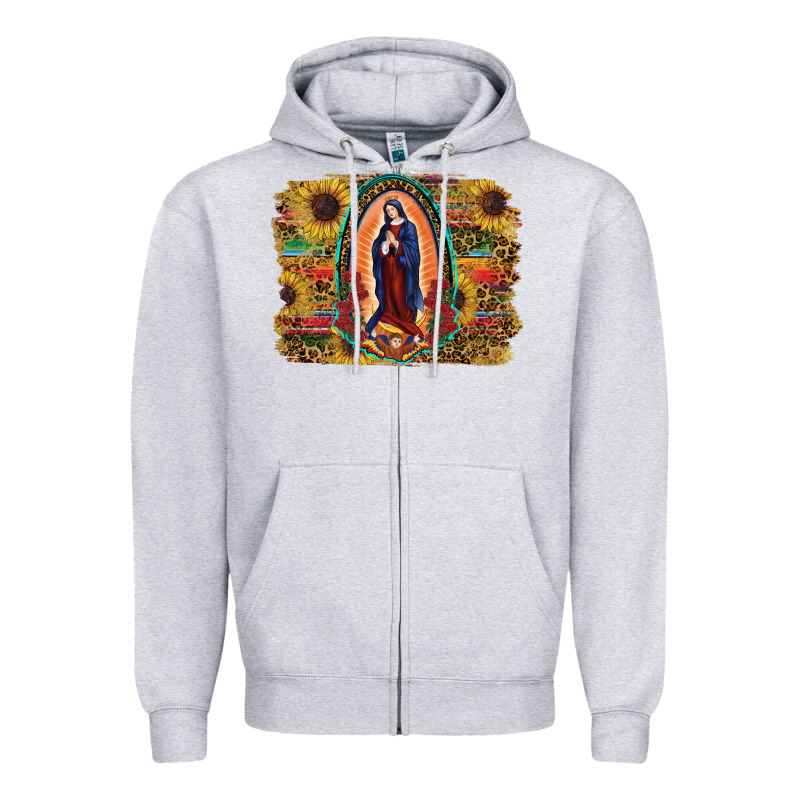 Sunflower Lady Of Guadalupe Distressed Background Zipper Hoodie by RanaPortraitStore | Teevron