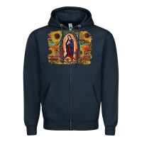 Navy Sunflower Lady Of Guadalupe Distressed Background Zipper Hoodie - RanaPortraitStore