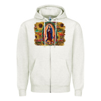 Oatmeal Heather Sunflower Lady Of Guadalupe Distressed Background Zipper Hoodie - RanaPortraitStore