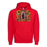 Red Sunflower Lady Of Guadalupe Distressed Background Zipper Hoodie - RanaPortraitStore