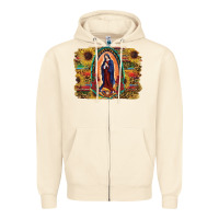 Sandshell Sunflower Lady Of Guadalupe Distressed Background Zipper Hoodie - RanaPortraitStore