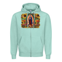 Seafoam Sunflower Lady Of Guadalupe Distressed Background Zipper Hoodie - RanaPortraitStore