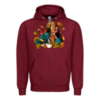 Burgundy Fall afro woman with coffee Zipper Hoodie - RanaPortraitStore