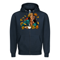 Navy Fall afro woman with coffee Zipper Hoodie - RanaPortraitStore