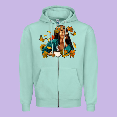 Zipper Hoodie Fall afro woman with coffee