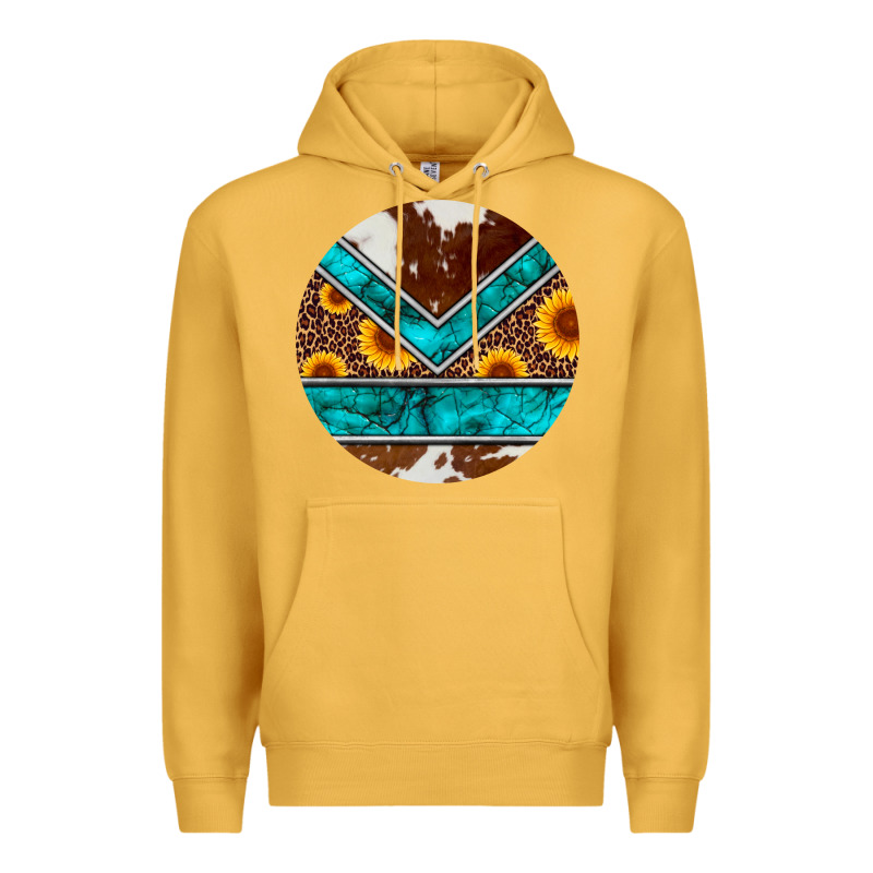 Turquoise Cowhide Leopard Sunflowers Round Premium Hoodie by Artiststas | Teevron