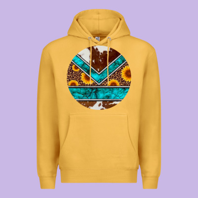 Turquoise Cowhide Leopard Sunflowers Round Premium Hoodie Designed By Artiststas