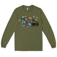 Army Green he is risen matthew 28 6 cross with butterflies cowhide background Long Sleeve Tee - BarkalooDesign
