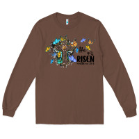 Chestnut he is risen matthew 28 6 cross with butterflies cowhide background Long Sleeve Tee - BarkalooDesign