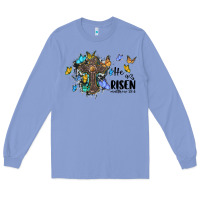 Colony Blue he is risen matthew 28 6 cross with butterflies cowhide background Long Sleeve Tee - BarkalooDesign