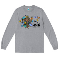 Heather Grey he is risen matthew 28 6 cross with butterflies cowhide background Long Sleeve Tee - BarkalooDesign