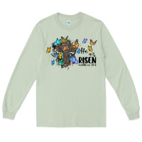 He Is Risen Matthew 28 6 Cross With Butterflies Cowhide Background Long Sleeve Tee | Teevron
