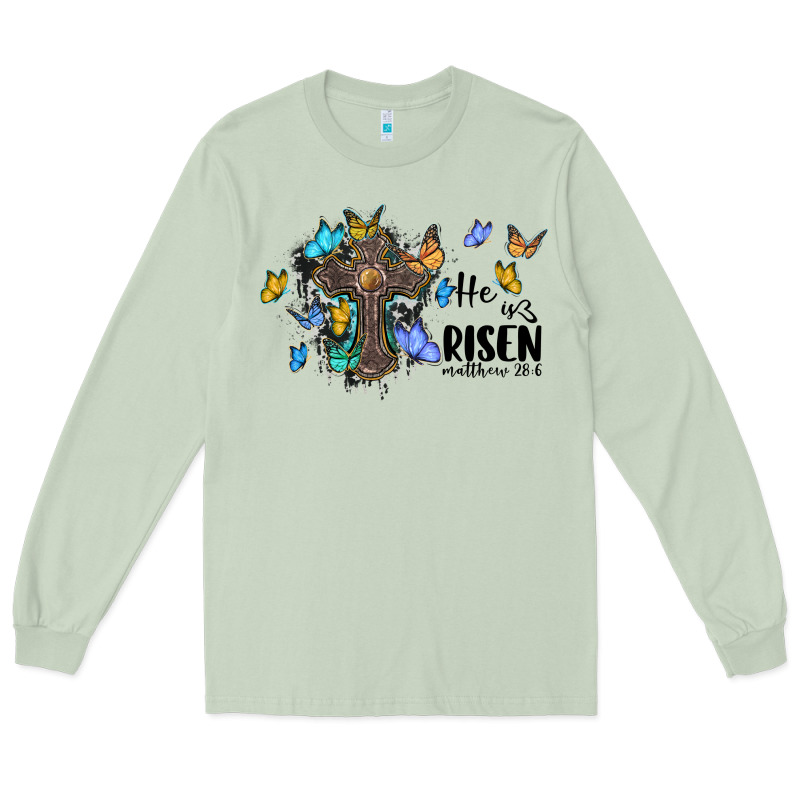 He Is Risen Matthew 28 6 Cross With Butterflies Cowhide Background Long Sleeve Tee by BarkalooDesign | Teevron