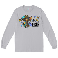 Moon Dust he is risen matthew 28 6 cross with butterflies cowhide background Long Sleeve Tee - BarkalooDesign