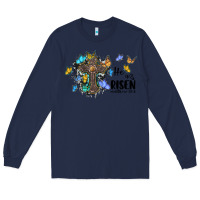 Navy he is risen matthew 28 6 cross with butterflies cowhide background Long Sleeve Tee - BarkalooDesign