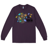Plum he is risen matthew 28 6 cross with butterflies cowhide background Long Sleeve Tee - BarkalooDesign