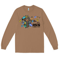 Toasted Coconut he is risen matthew 28 6 cross with butterflies cowhide background Long Sleeve Tee - BarkalooDesign