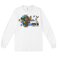 White he is risen matthew 28 6 cross with butterflies cowhide background Long Sleeve Tee - BarkalooDesign