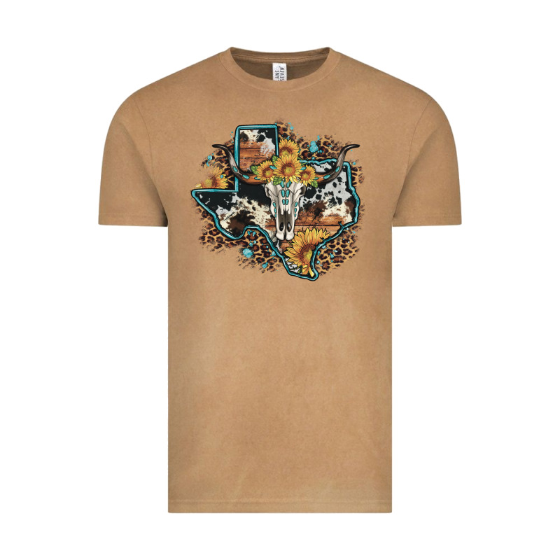 Bull Skull Leopard Cowhide Sunflower Texas Map Vintage Tee by Artiststas | Teevron