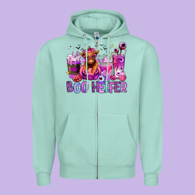 Zipper Hoodie Halloween boo Heifer coffee cups