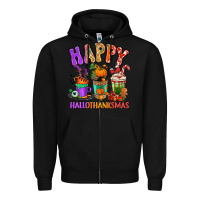 Black Happy Hallothanksmas coffee cups Zipper Hoodie - RanaPortraitStore