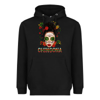 Black Mexicana Skull Girl Messy Bun Heavyweight Hoodie - texasbilliewilder