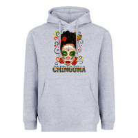 Heather Grey Mexicana Skull Girl Messy Bun Heavyweight Hoodie - texasbilliewilder
