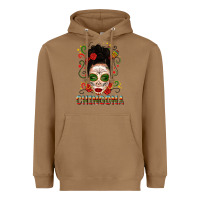 Toasted Coconut Mexicana Skull Girl Messy Bun Heavyweight Hoodie - texasbilliewilder