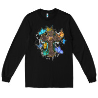 Black cross with butterflies cowhide background Long Sleeve Tee - BarkalooDesign