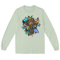 Matcha cross with butterflies cowhide background Long Sleeve Tee - BarkalooDesign