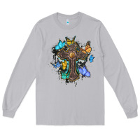 Moon Dust cross with butterflies cowhide background Long Sleeve Tee - BarkalooDesign