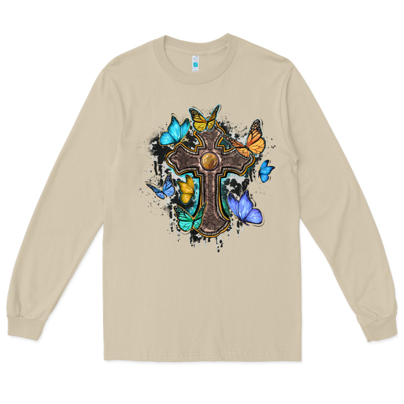 Cross With Butterflies Cowhide Background Long Sleeve Tee by BarkalooDesign | Teevron