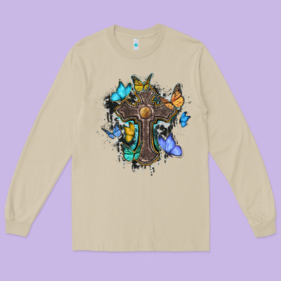 Cross With Butterflies Cowhide Background Long Sleeve Tee Designed By Barkaloodesign