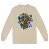 Mushroom cross with butterflies cowhide background Long Sleeve Tee - BarkalooDesign