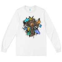 White cross with butterflies cowhide background Long Sleeve Tee - BarkalooDesign