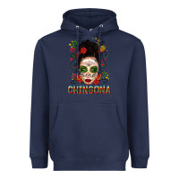 Navy Mexicana Skull Girl Messy Bun Heavyweight Hoodie - texasbilliewilder