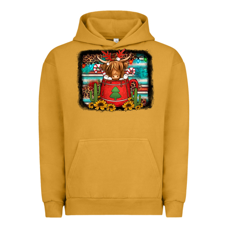 Hot Coco Christmas Highland Cow With Background Urban Hoodie by Jasminsmagicworld | Teevron