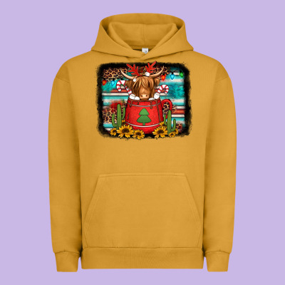 Hot Coco Christmas Highland Cow With Background Urban Hoodie Designed By Jasminsmagicworld