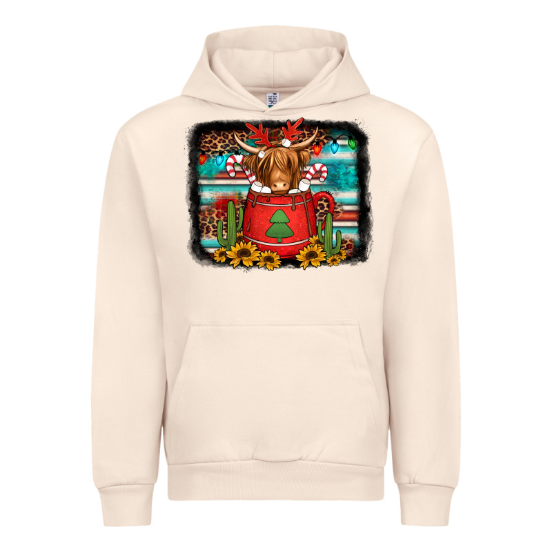 Hot Coco Christmas Highland Cow With Background Urban Hoodie by Jasminsmagicworld | Teevron