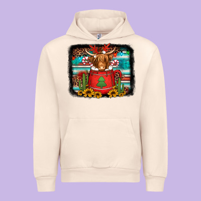 Hot Coco Christmas Highland Cow With Background Urban Hoodie Designed By Jasminsmagicworld