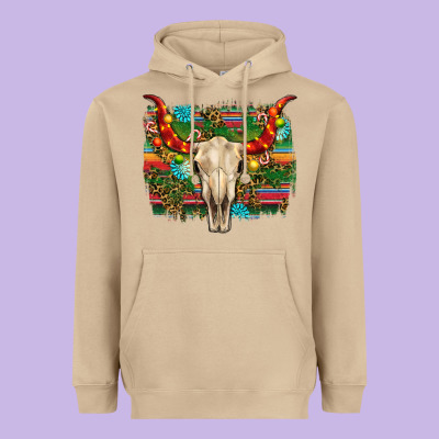 Western Christmas Bull Skull Heavyweight Hoodie Designed By Ranaportraitstore
