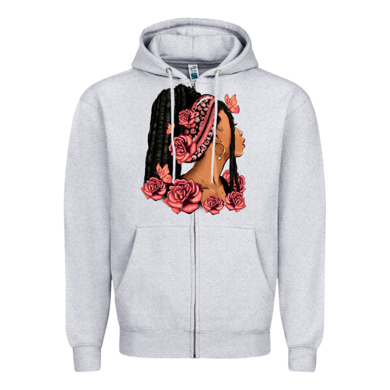 Pink Roses Afro Woman Zipper Hoodie by RanaPortraitStore | Teevron