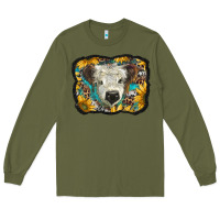 Army Green white scottish calf with sunflowers western  background Long Sleeve Tee - BarkalooDesign