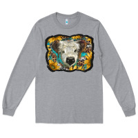 Heather Grey white scottish calf with sunflowers western  background Long Sleeve Tee - BarkalooDesign
