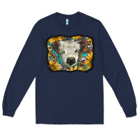 Navy white scottish calf with sunflowers western  background Long Sleeve Tee - BarkalooDesign
