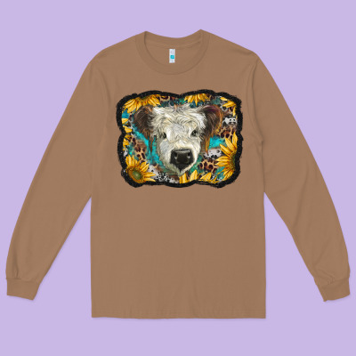 White Scottish Calf With Sunflowers Western  Background Long Sleeve Tee Designed By Barkaloodesign